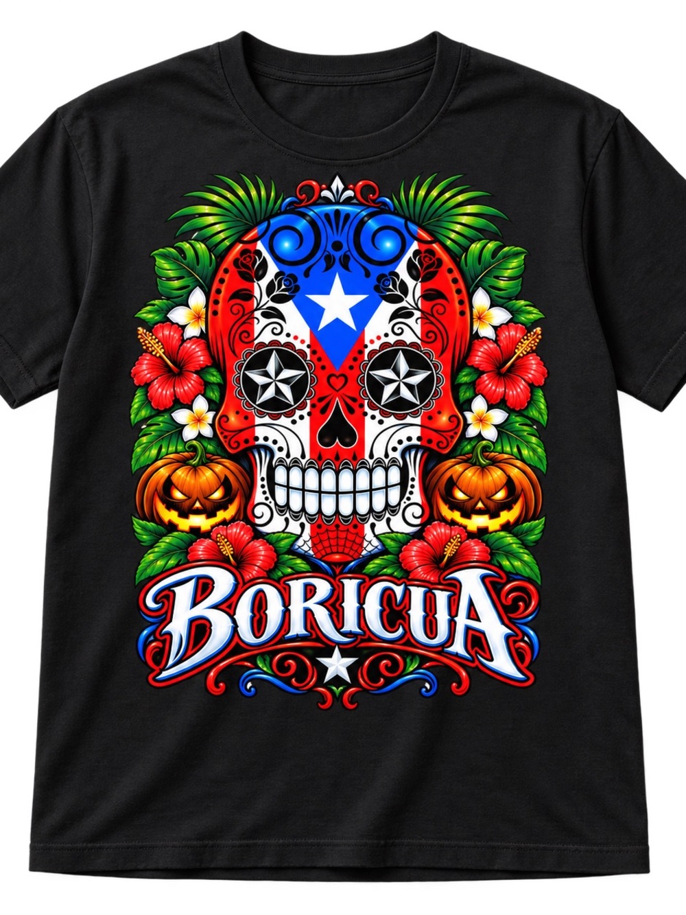 Source Unknown Black adult T-shirts with Colorful Boricua Sugar Skull Graphic